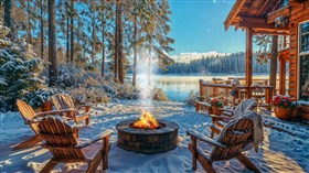 Snowy Cabin Lakeside Firepit