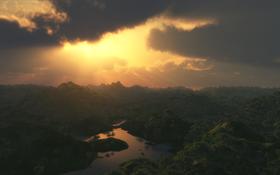 Sunset over misty mountains 